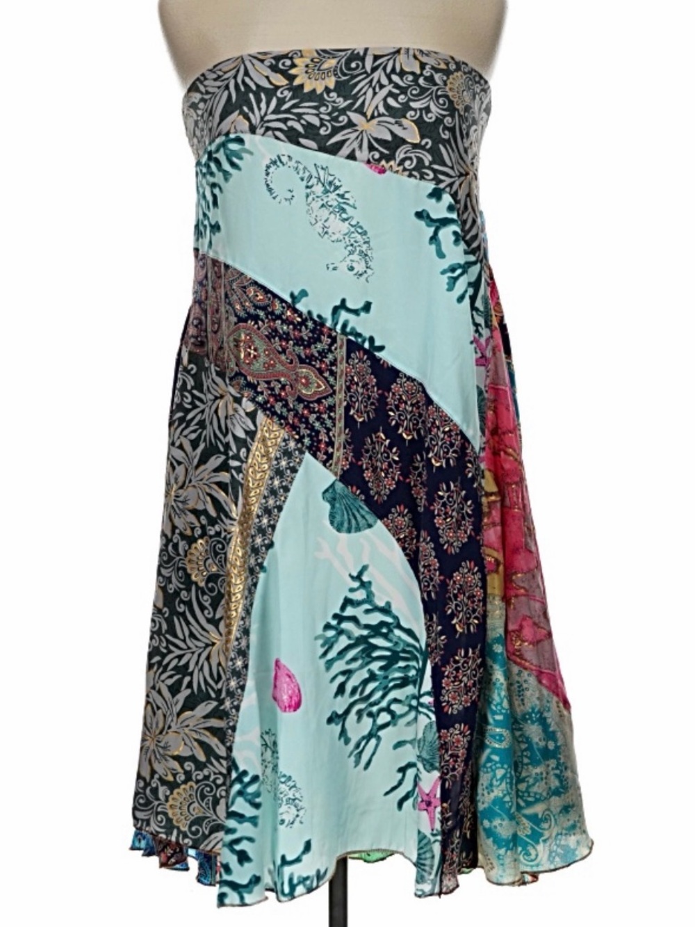 Rahabs Rope Strapless Patchwork Summer Silk Midi Dress